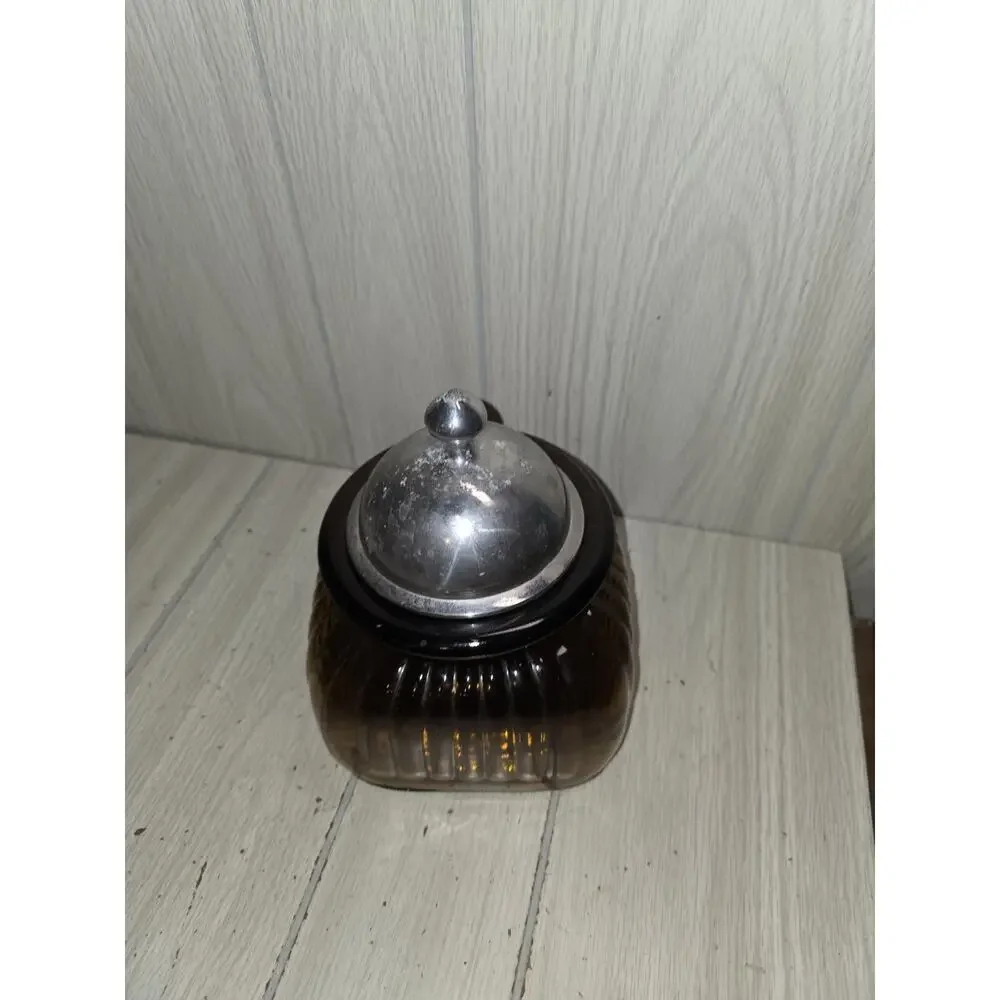 Vintage Artland Ribbed Glass Canister Jar 10” Amber Brown Pewter Lid Apothecary